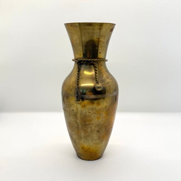 VTG Brass Bud Vase Cord Accent Mid Century Modern Tapered Patina India Decor 7" - Picture 1 of 9